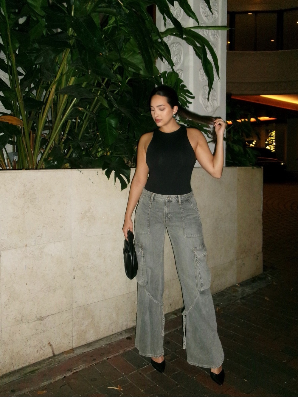 Zara Light Gray Distressed Denim Cargo Pants Size 8